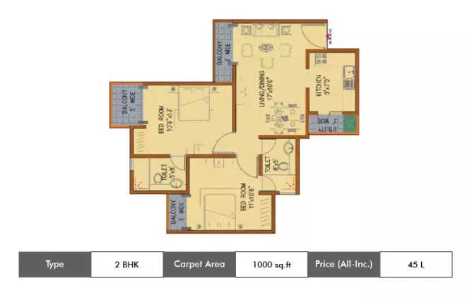 Amrapali Platinum Sector 119 - Floor plan 2 BHK 1000 Sq.ft