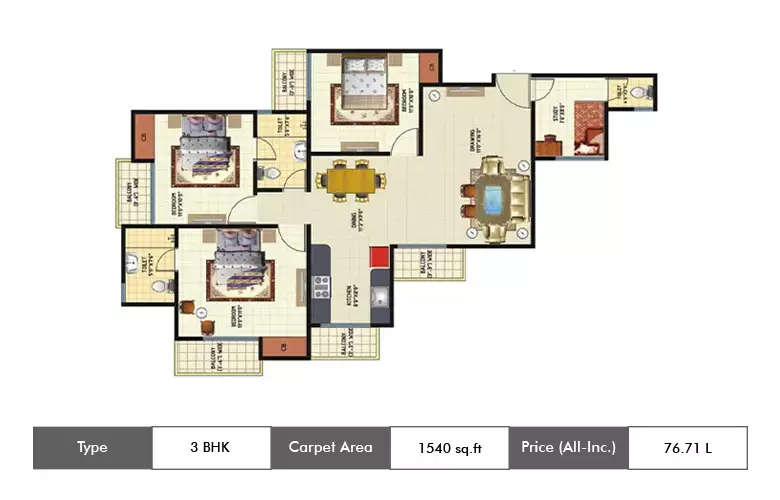 3 BHK Apartment 1540 Sq.ft