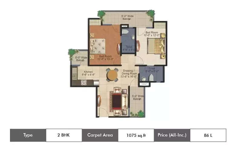 Floor plan for 2 BHK