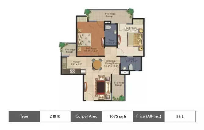 Supertech 34 Pavilion Sector 34 - Floor plan 2 BHK 1075 Sq.ft