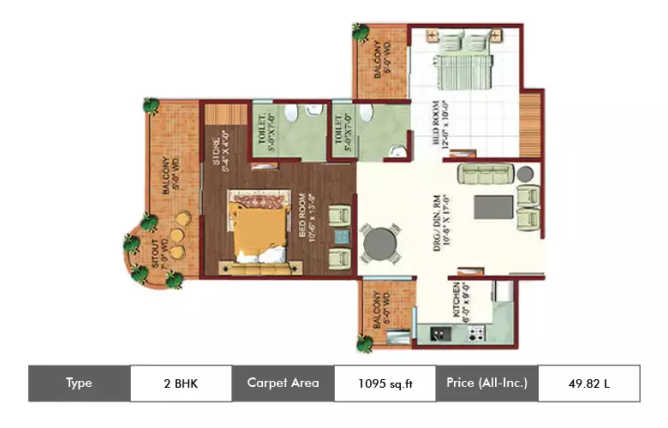 Ajnara Ambrosia Sector 118 - Floor plan 2 BHK 1095 Sq.ft