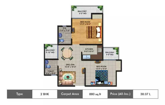 Ajnara Homes Sector 16B Greater Noida W - Floor plan 2 BHK 880 Sq.ft