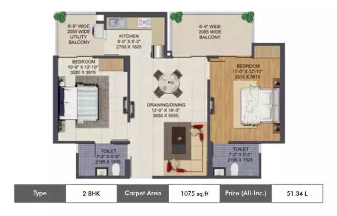 Ajnara Klock Tower Sector 74 - Floor plan 2 BHK 1075 Sq.ft