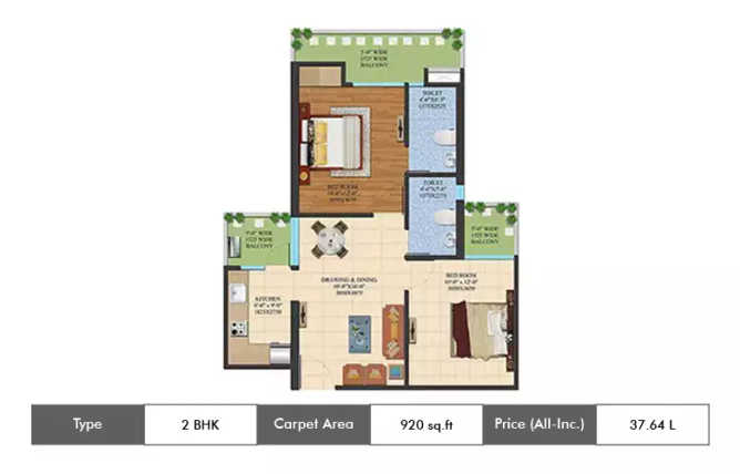 Ajnara Le Garden Sector 16B Greater Noida W - Floor plan 2 BHK 920 Sq.ft