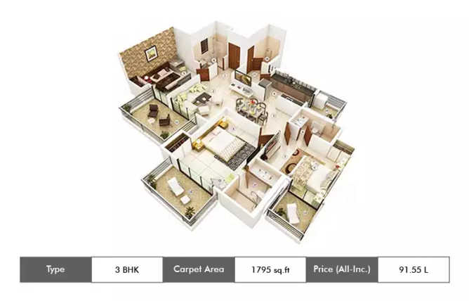 Ajnara The Belvedere Sector 79 - Floor plan 3 BHK 1795 Sq.ft
