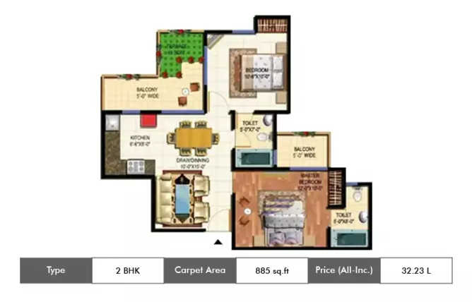 Amrapali Terrace Homes Techzone IV Greater Noida W - Floor plan 2 BHK 885 Sq.ft