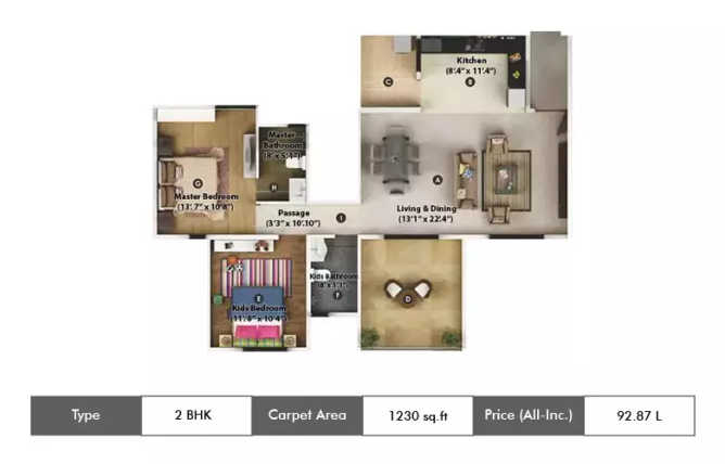 Gera Song Of Joy Kharadi - Floor plan 2 BHK 1230 Sq.ft