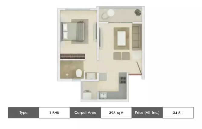 Rohan Ipsita Hinjewadi - Floor plan 1 BHK 393 Sq.ft