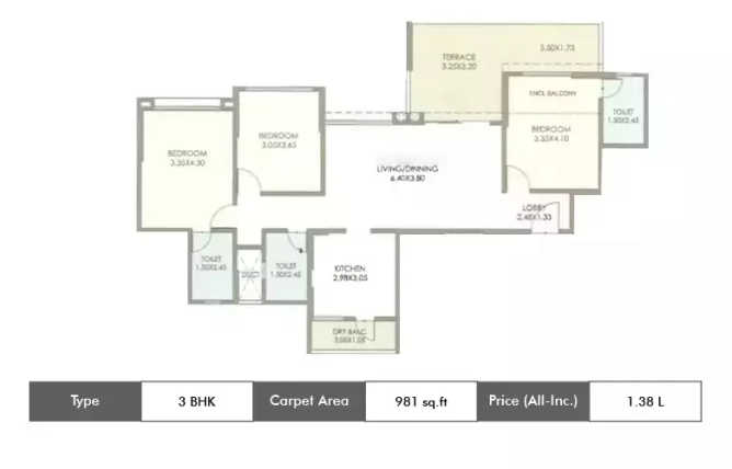 Kolte Patil 24K Stargaze Bavdhan - Floor plan 3 BHK 981 Sq.ft