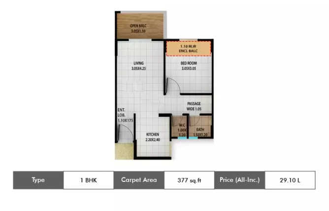 Kolte Patil Ivy Estate Wagholi - Floor plan 1 BHK 377 Sq.ft