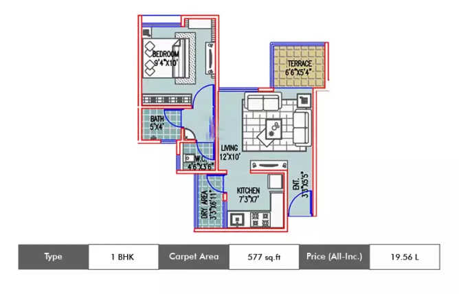 Majestique City Wagholi - Floor plan 1 BHK 577 Sq.ft