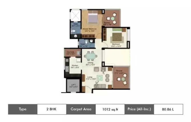 Kolte Patil Green Olive Hinjewadi - Floor plan 2 BHK 1012 Sq.ft
