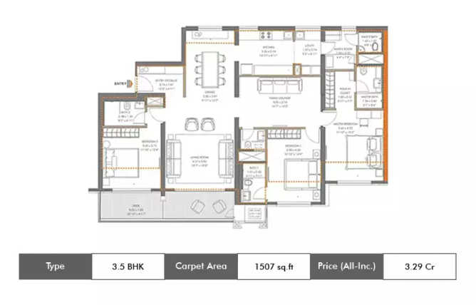 Panchshil Realty Towers Kharadi - Floor plan 3.5 BHK 1507 Sq.ft