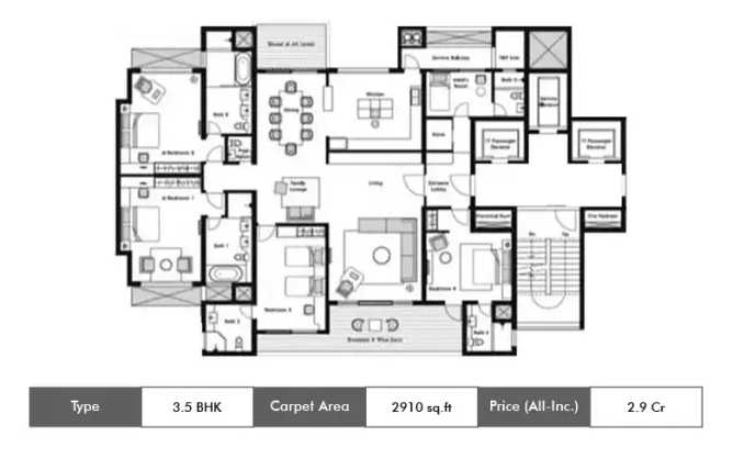 Panchshil One North Hadapsar - Floor plan 3.5 BHK 2910 Sq.ft