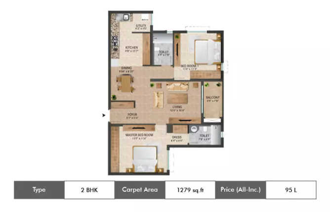 Century Breeze Jakkur - Floor plan 2 BHK 1279 Sq.ft