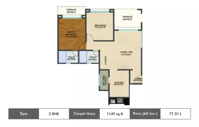Kolte Patil Langston Kharadi - Floor plan 2 BHK 1149 Sq.ft