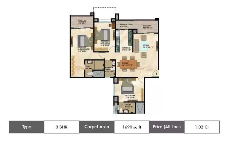 Floor plan for 3 BHK