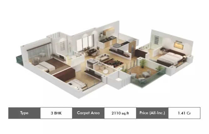 Kolte Patil Pushkin State Kharadi - Floor plan 3 BHK 2110 Sq.ft