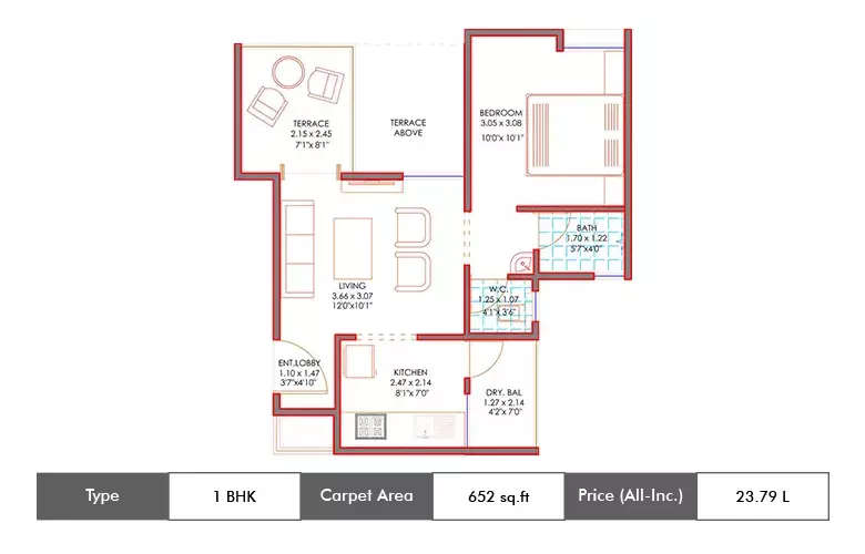 Floor plan for 1 BHK