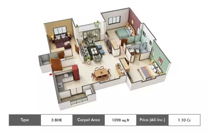 Kumar Princetown Royal Mohammed Wadi - Floor plan 3 BHK 1098 Sq.ft