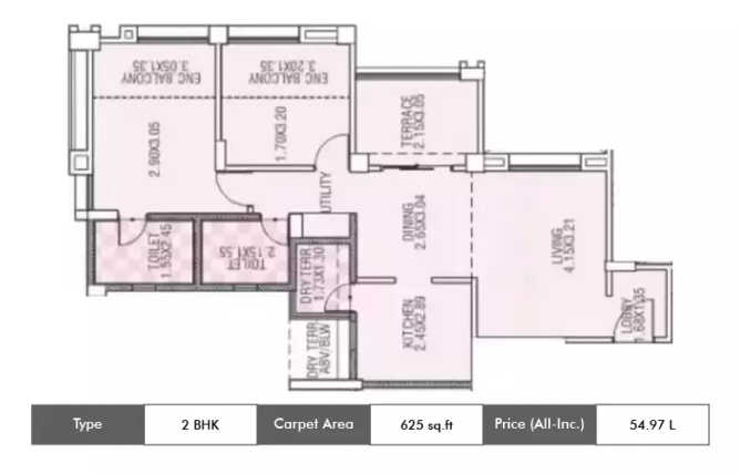 Kumar Princeville Moshi - Floor plan 2 BHK 625 Sq.ft