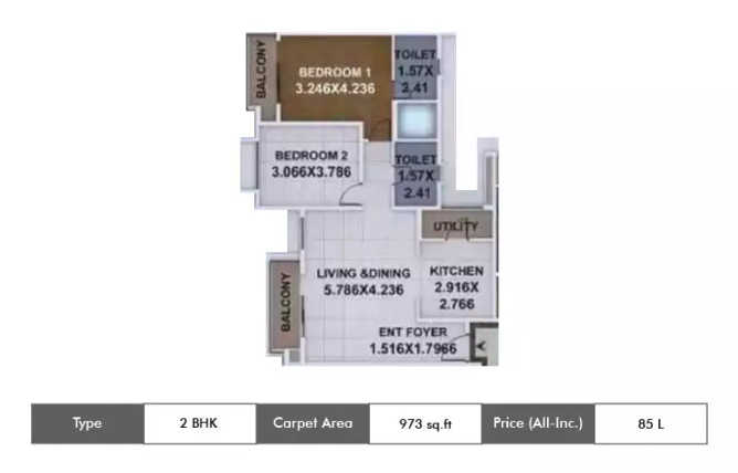 Kumar Megapolis Mystic Hinjewadi - Floor plan 2 BHK 973 Sq.ft