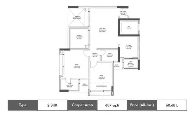 Pride Purple Xpress Baner - Floor plan 2 BHK 687 Sq.ft