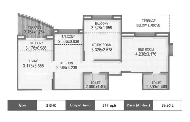 Kumar Priyadarshan Pashan - Floor plan 2 BHK 619 Sq.ft