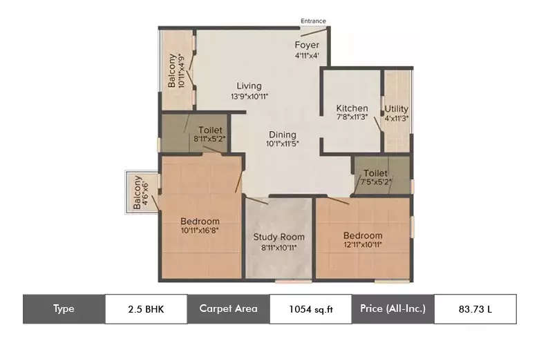 2.5 BHK Apartment 1054 Sq.ft