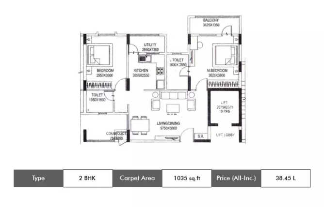 Shriram Smrithi Sarjapura - Floor plan 2 BHK 1035 Sq.ft
