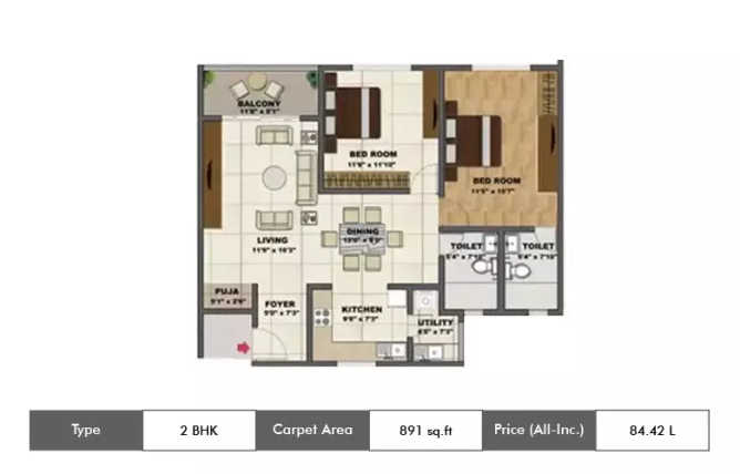 Shriram Chirping Woods Devanahalli - Floor plan 2 BHK 891 Sq.ft