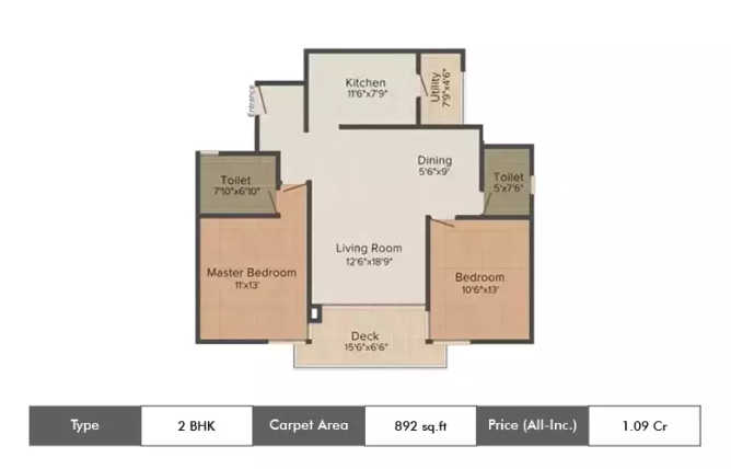 Shriram Southern Crest JP Nagar - Floor plan 2 BHK 892 Sq.ft