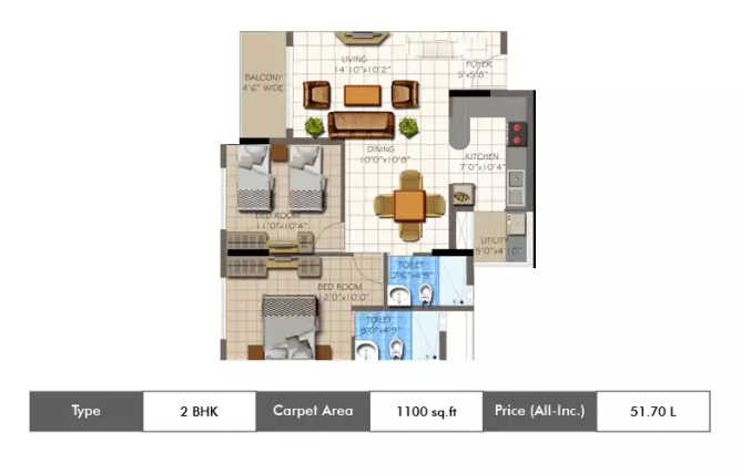Supertech Micasa Thanisandra - Floor plan 2 BHK 1100 Sq.ft