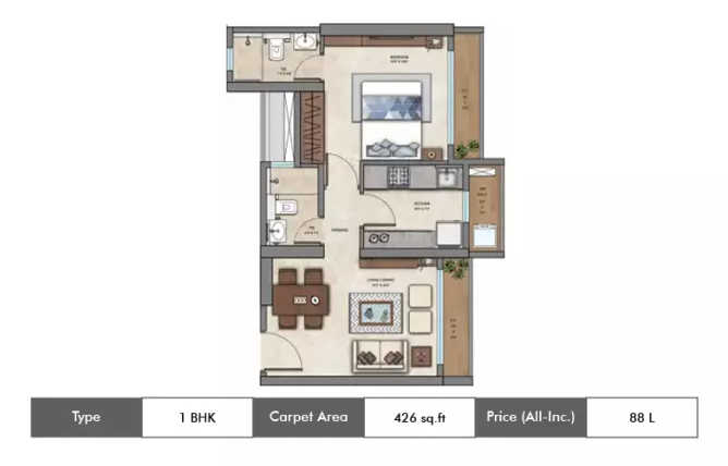 Ashar Aria Kalwa - Floor plan 1 BHK 426 Sq.ft