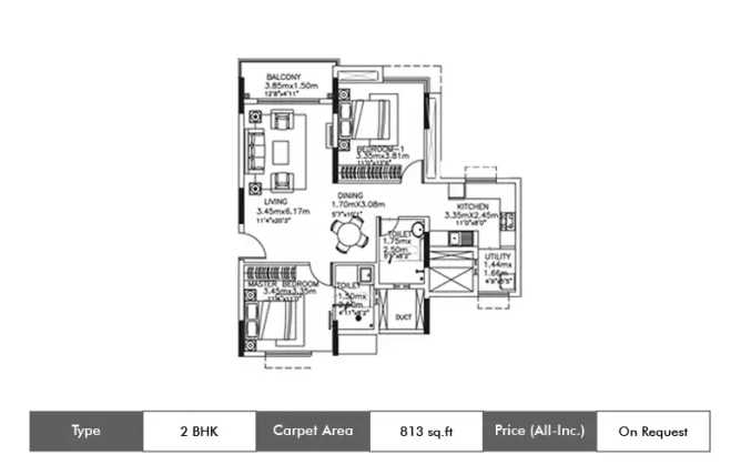 Kolte Patil Itowers Exente Electronic City - Floor plan 2 BHK 813 Sq.ft