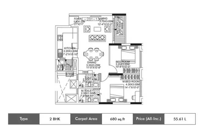 Kolte Patil Raaga Yerappanahalli - Floor plan 2 BHK 680 Sq.ft
