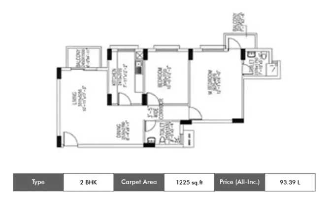 DLF Westend Heights Akshaya Nagar - Floor plan 2 BHK 1225 Sq.ft