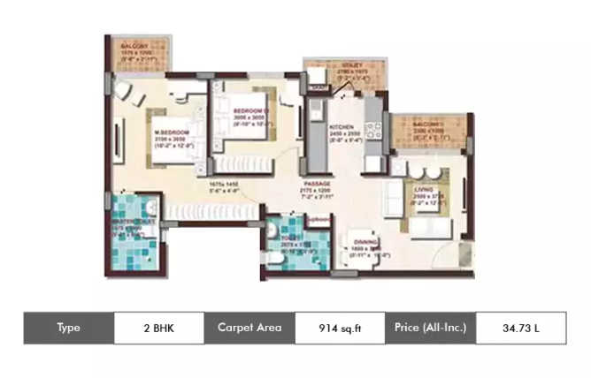 DLF Woodland Heights Jigani - Floor plan 2 BHK 914 Sq.ft