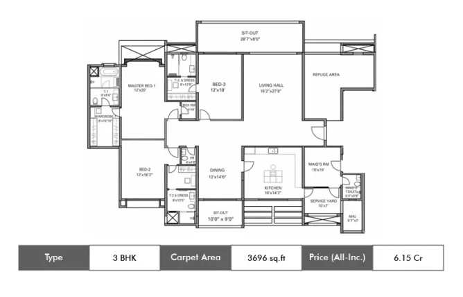 Panchshil Eon Waterfront Kharadi - Floor plan 3 BHK 3696 Sq.ft