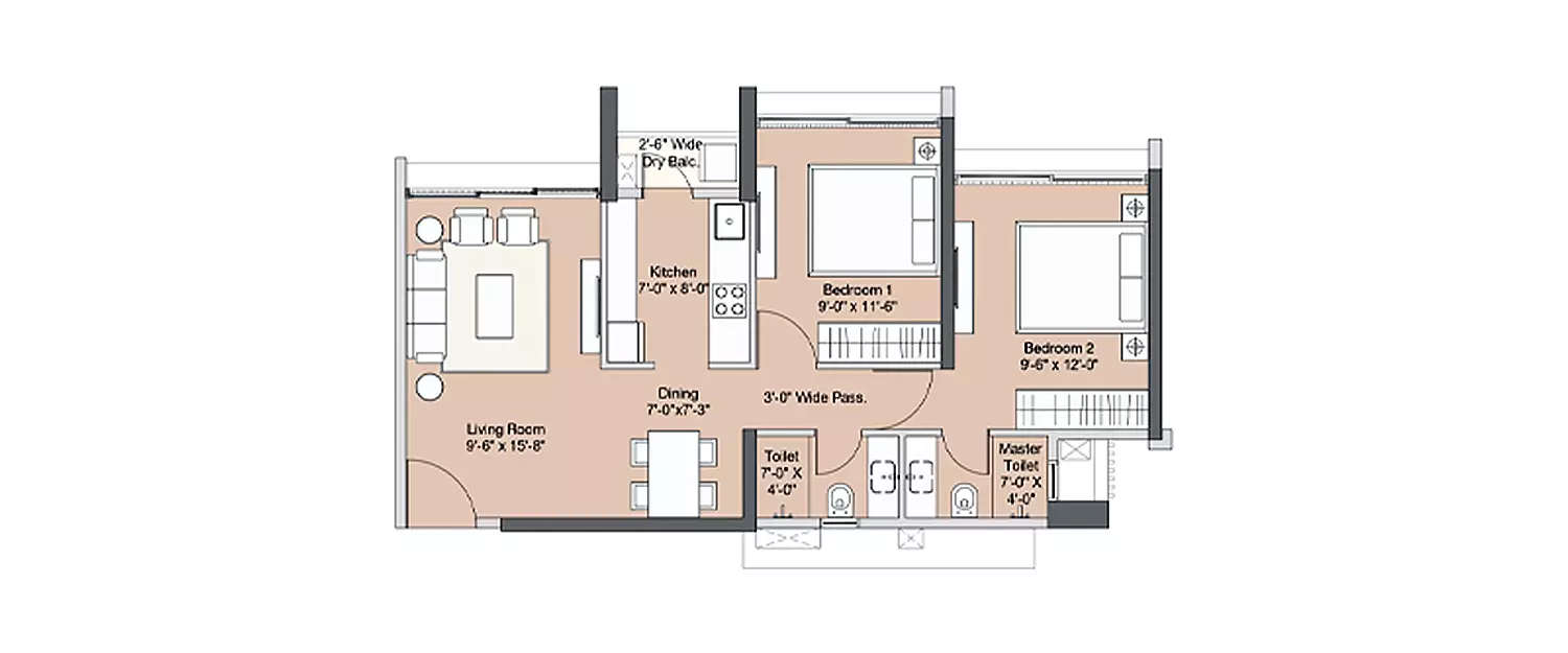 Floor plan for 2 BHK