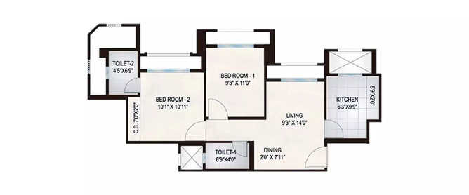 Hiranandani One Park Ghodbunder Road - Floor plan 2 BHK 559 Sq.ft