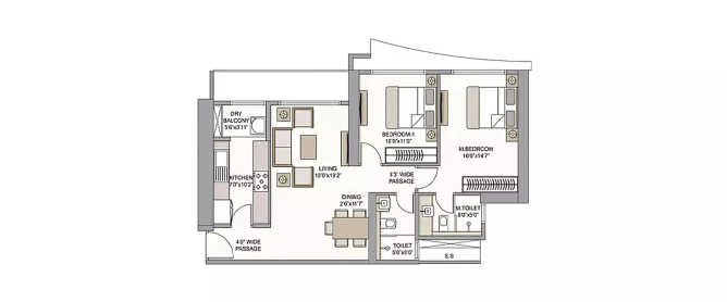 Prestige City Mulund - Floor plan 2 BHK 769 Sq.ft