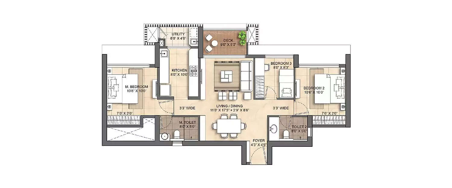 Floor plan for 3 BHK