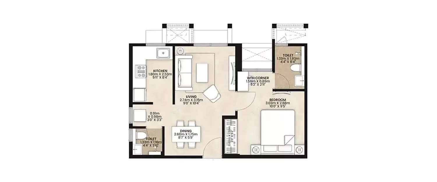 Floor plan for 1 BHK