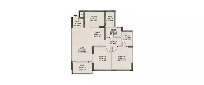 Pride Enchanta II Vijayanagar - Floor plan 2 BHK 955 Sq.ft