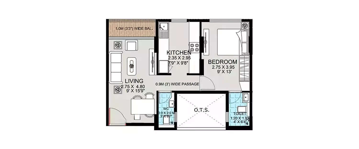 Floor plan for 1 BHK