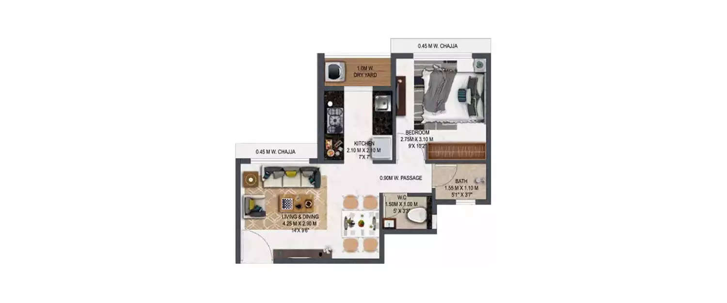 Floor plan for 1 BHK
