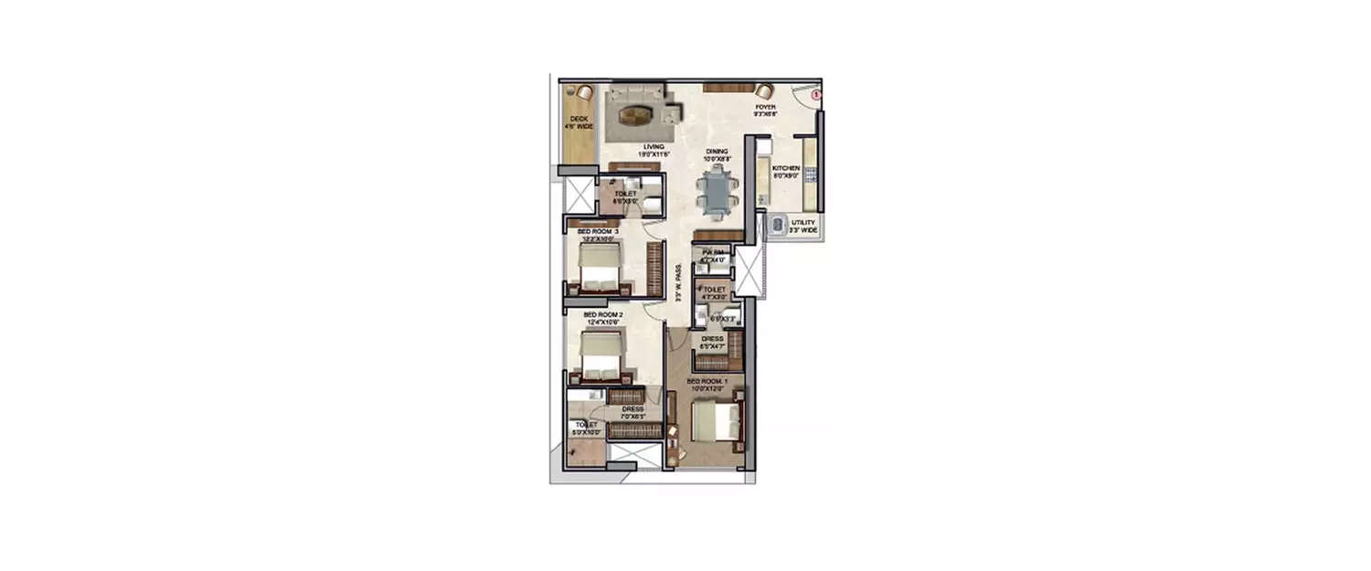 Floor plan for 3 BHK