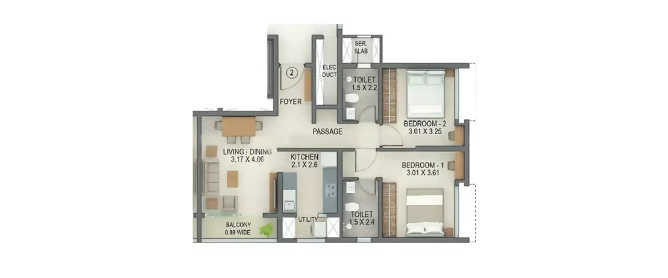 Tata Amantra Kalyan - Floor plan 2 BHK 617 Sq.ft