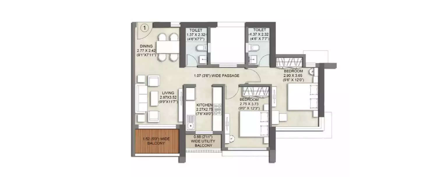 Floor plan for 2 BHK